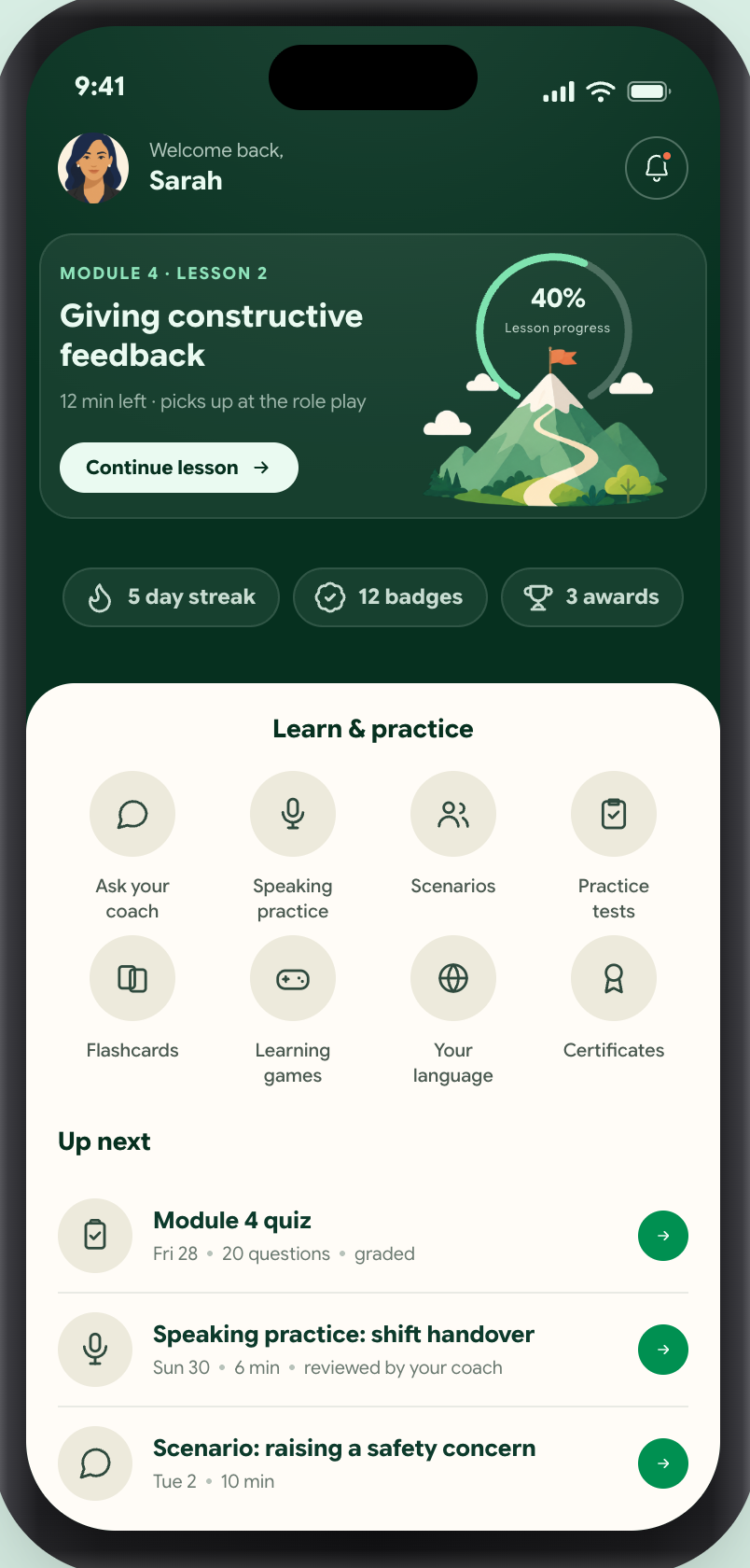 Capyo learner app showing lesson progress and this week's tasks